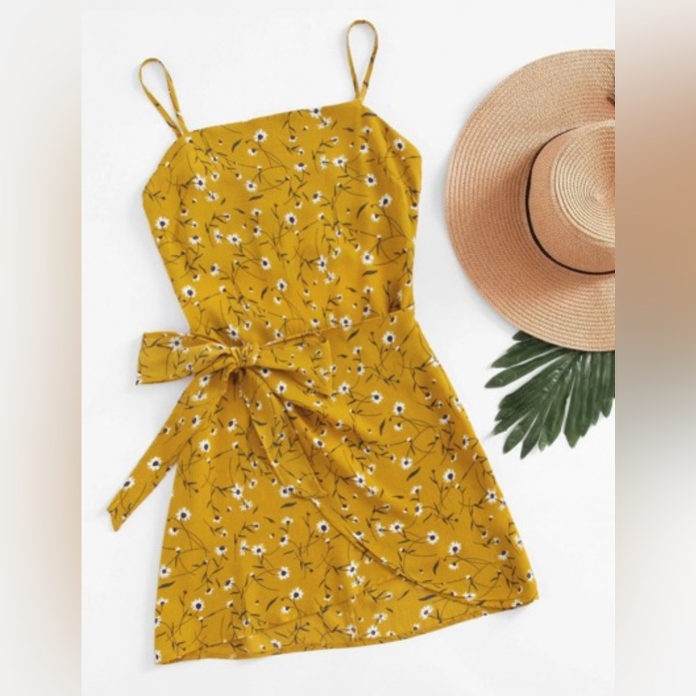 SHEIN Ditsy Floral Open back Mock wrap Yellow Dress